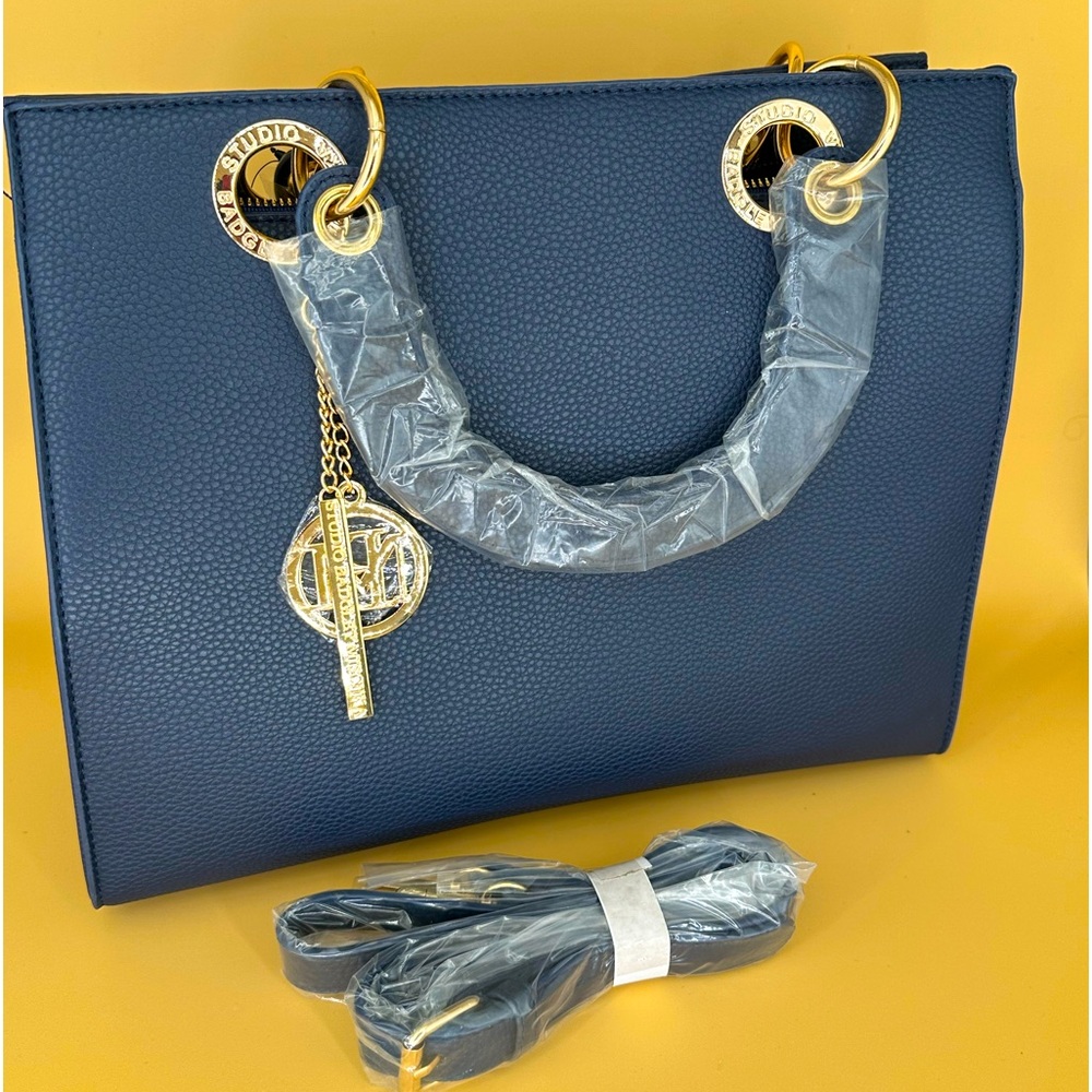 NWT Badgley Mischka Navy Blue Large Tote with handles and crossbody strap.